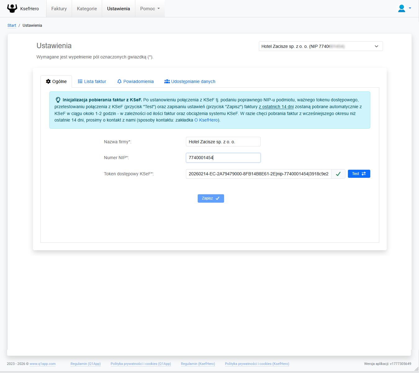KsefHero - demo systemu - ustawienia konta