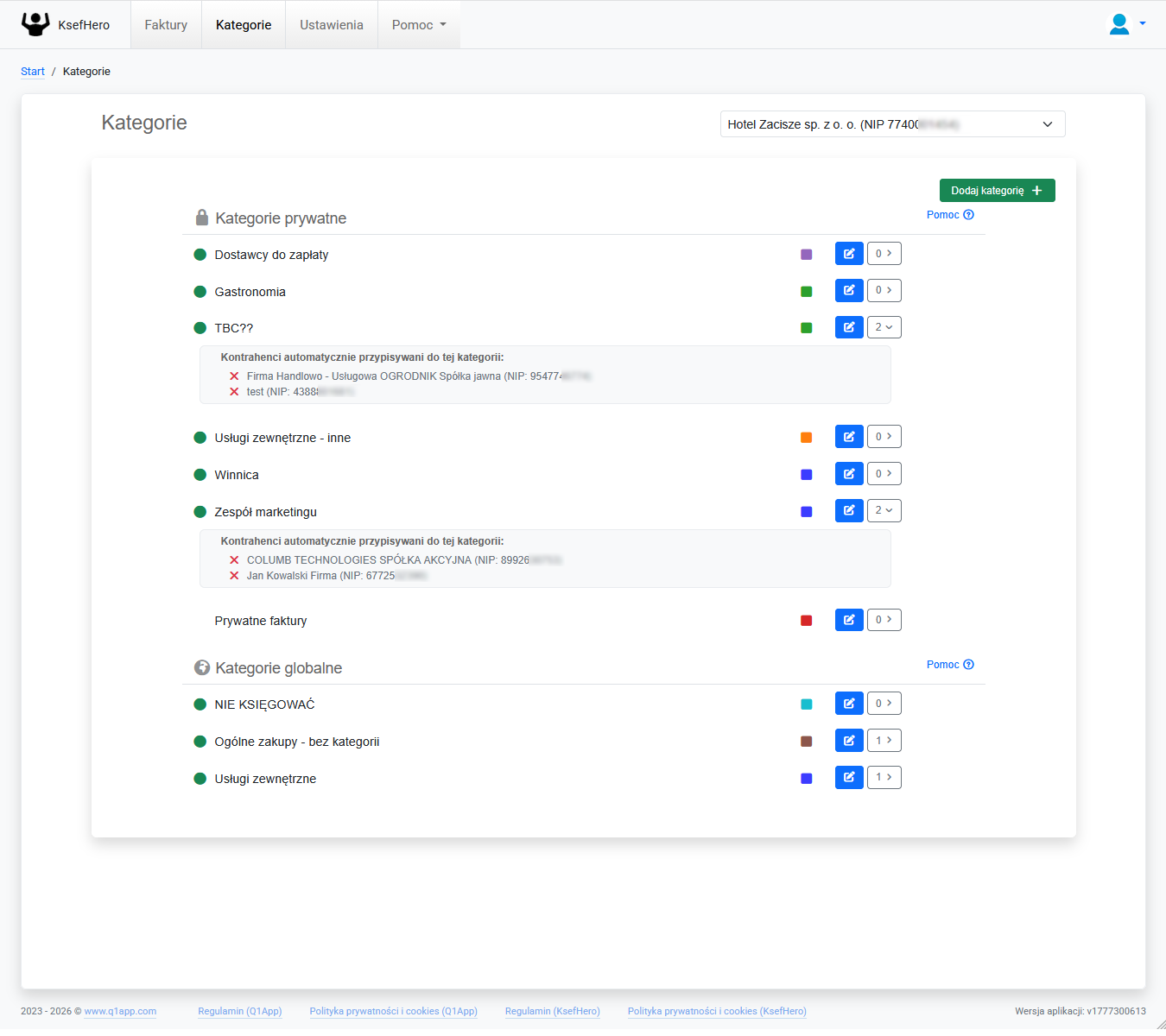 KsefHero - demo systemu - kategorie