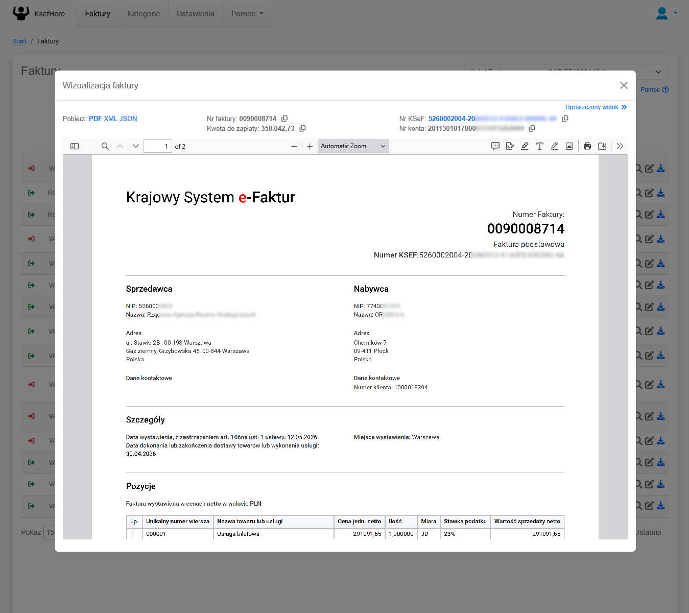 KsefHero - demo systemu - wizualizacja faktury