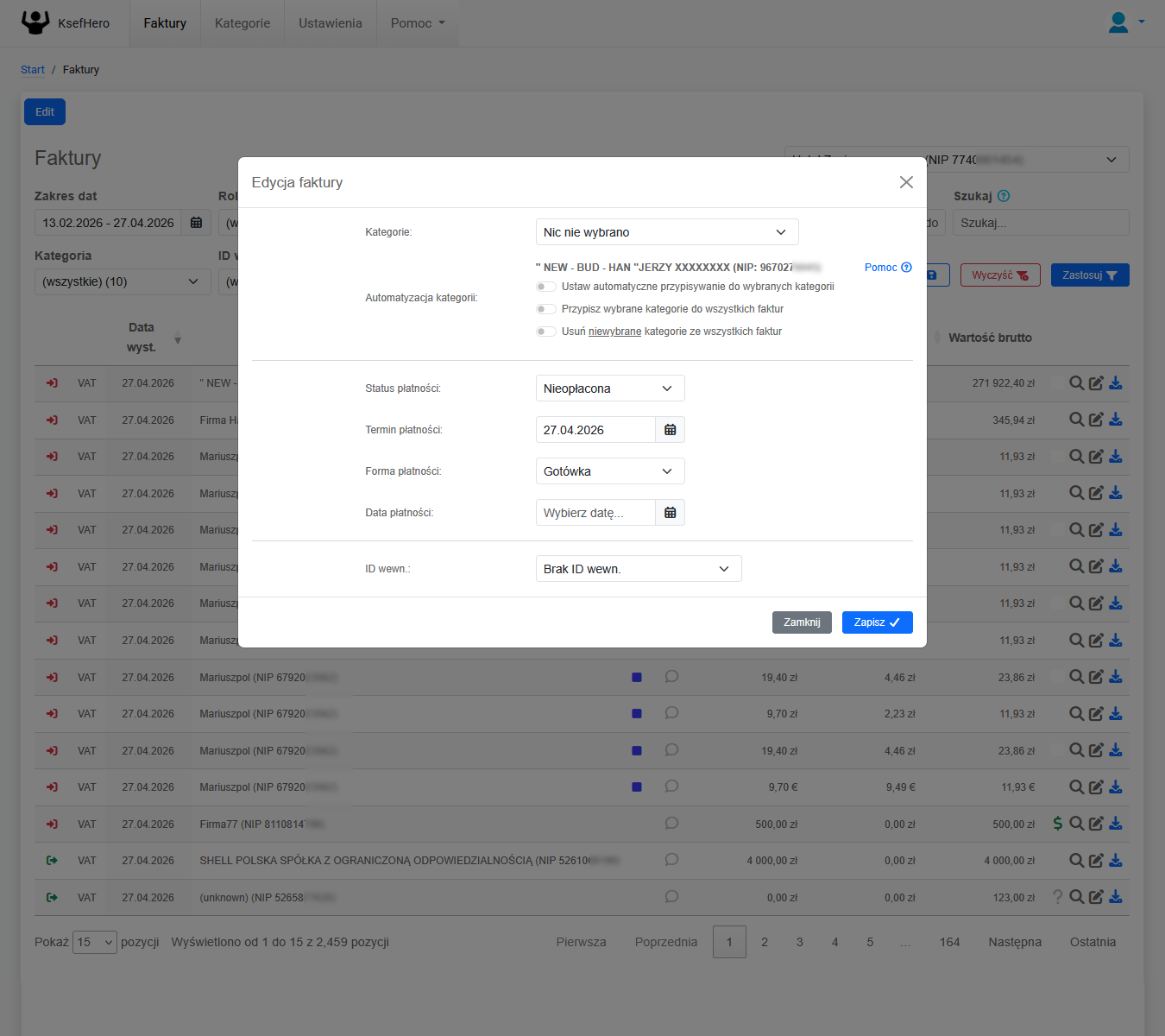 KsefHero - demo systemu - edytor faktury